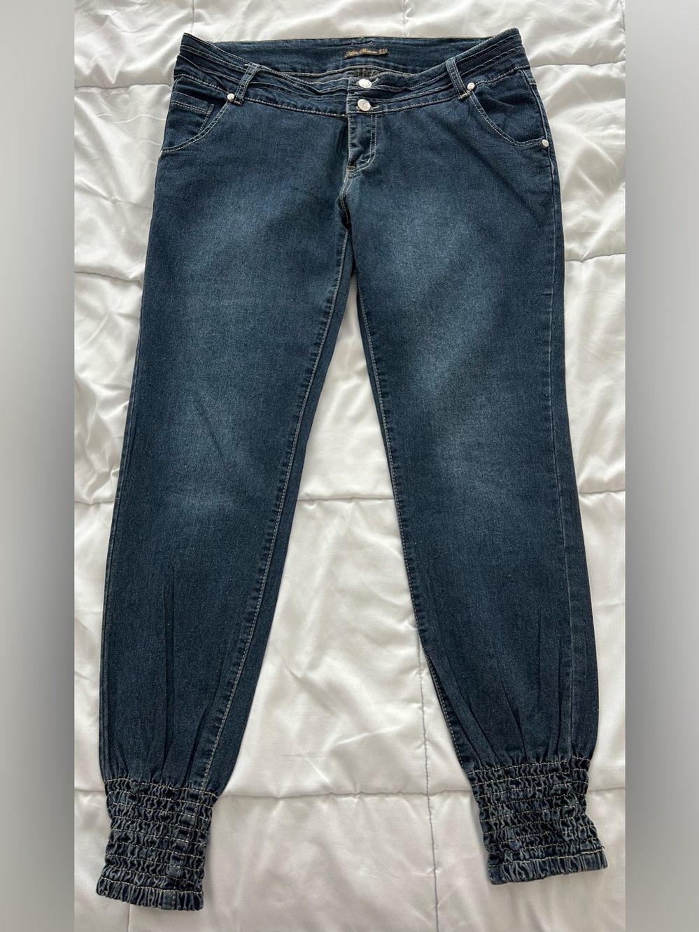 Apple Bottoms Navy Wash Boyfriend Jeans with Smocked Ankles
